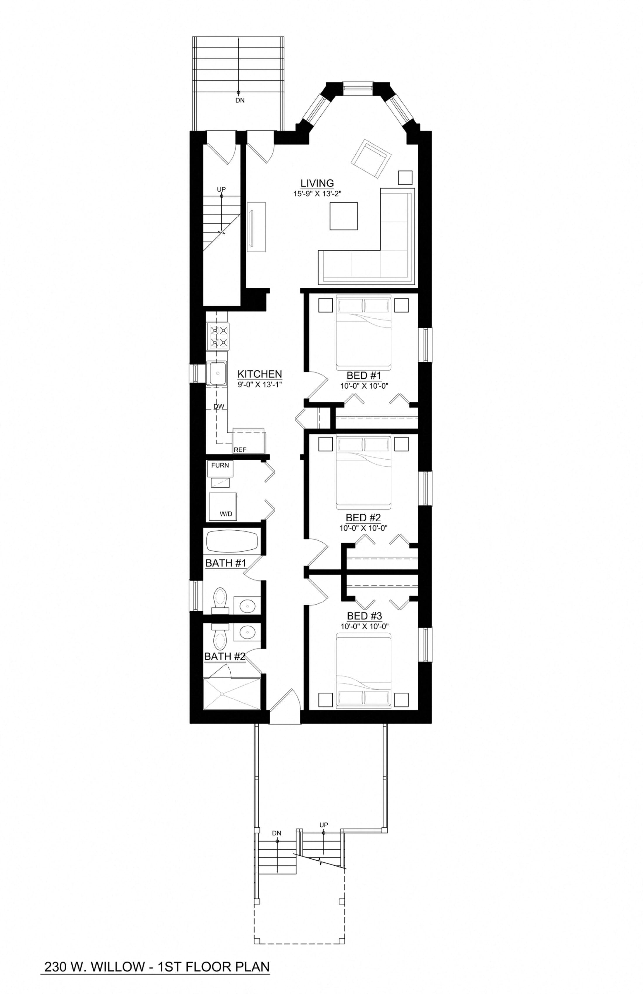Floor plan for 3 beds, 2 baths